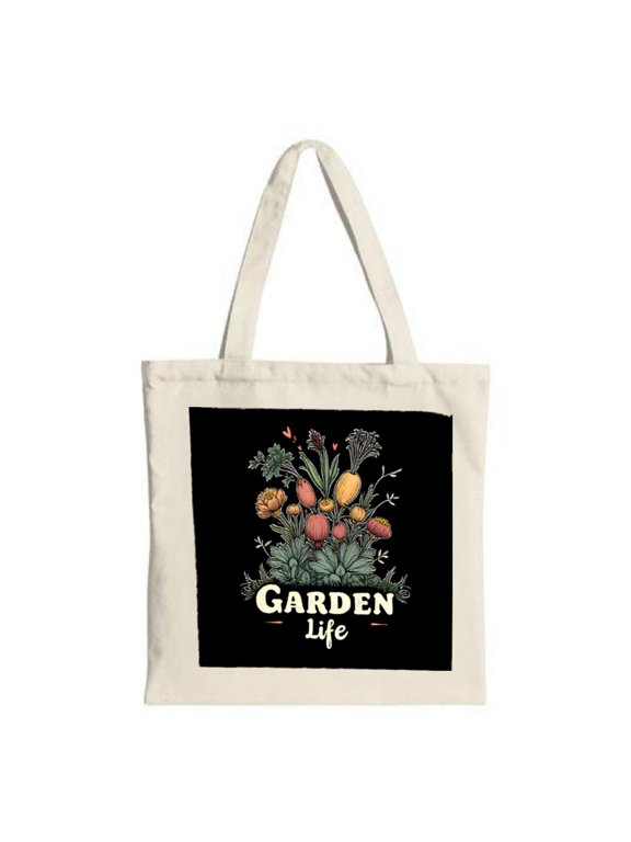 Vibrant Floral Tote Bag - Colorful Tulips & Blooms on Black Classic ' GARDEN Life ' Text Durable Cotton Perfect for Shopping & Travel