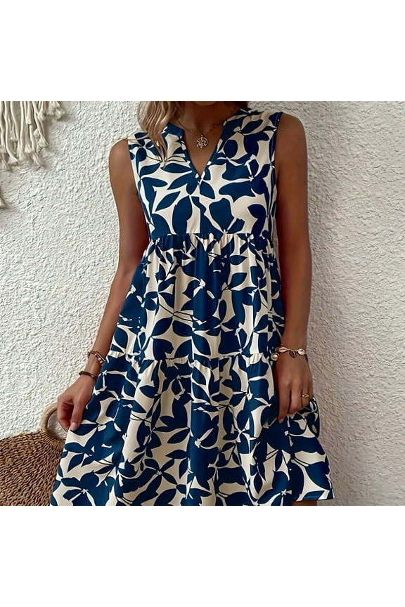 Vibrant Floral VNeck Trapeze Vacation Dress