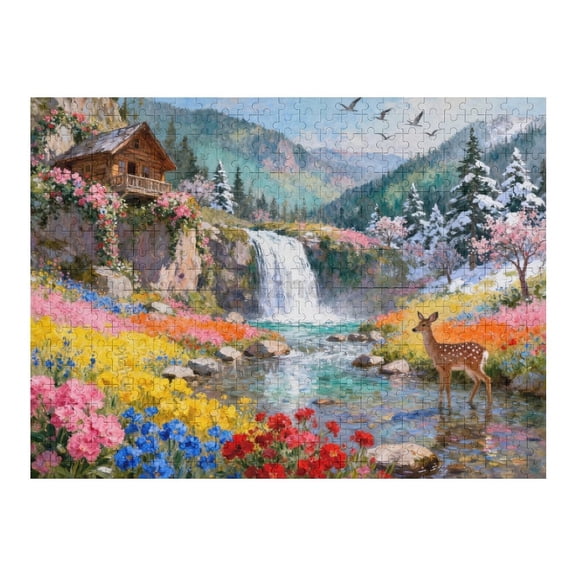 Vibrant Floral Valley Waterfall Wooden Puzzle 500 Pieces for Adults, Mind-Stimulating Indoor Game, Colorful Nature Art Puzzle, Tabletop Hobby, Relaxing Brain Teaser, Home Entertainment Activity