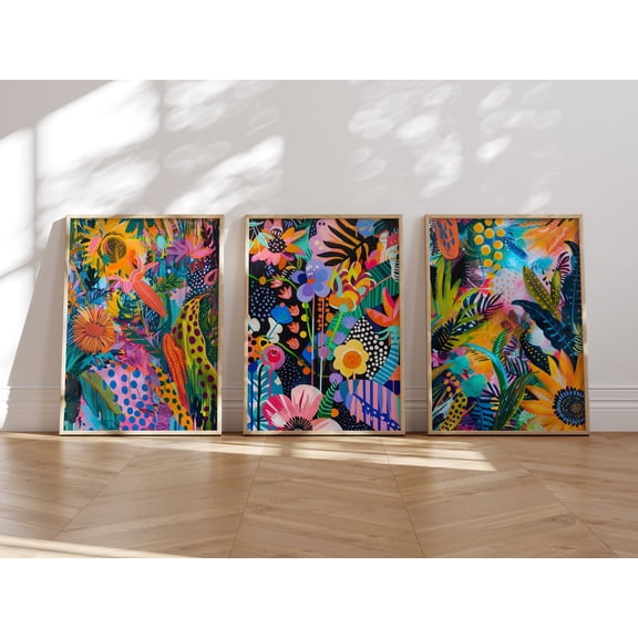 Vibrant Floral Wall Art Abstract Colorful Flower Trendy Eclectic Print Set 3 Stretched Canvas 8x12