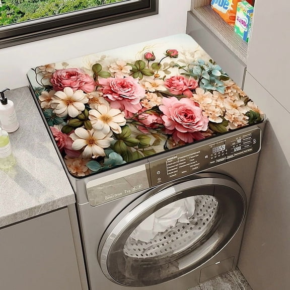 Vibrant Floral Washing Machine Mat Dust-Proof 50x60cm for Standard Top Load & Front Load Washers Non-Slip Laundry Room Floor Protector