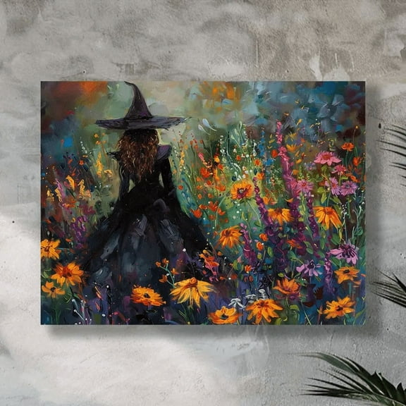 Vibrant Floral Witch Poster Wall Art, Witchcraft Canvas Painting