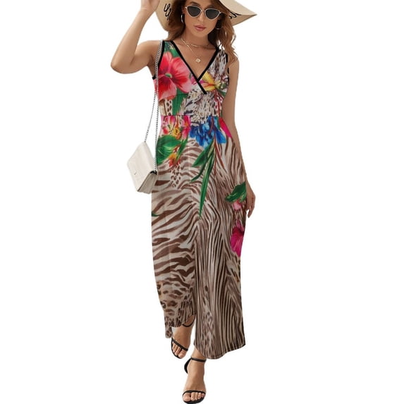 Vibrant Floral Zebra Print Fabric Dress Summer Street Style Bohemia Long Dresses Female Sleeveless Printed Maxi Dress