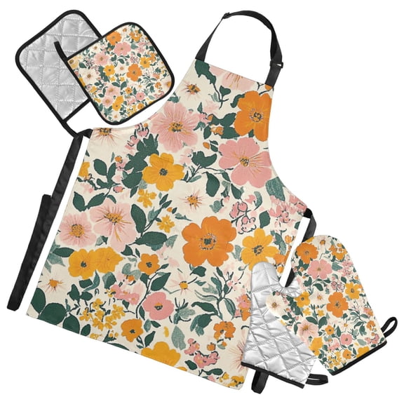 Vibrant Flower Garden Oven Mitts and Pot Holders with Chef Apron Set 5 Pcs Kitchen Cooking Set