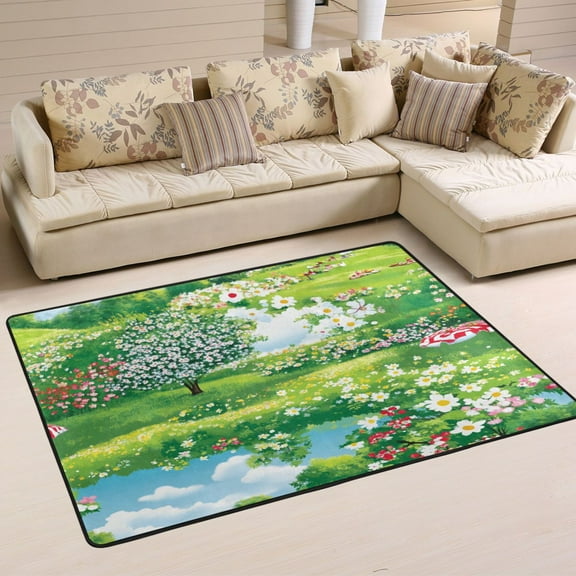 Vibrant Flower Meadow Soft Polyester Area Rug 36''x24'', Non Slip, Memory Foam, Water Absorbent