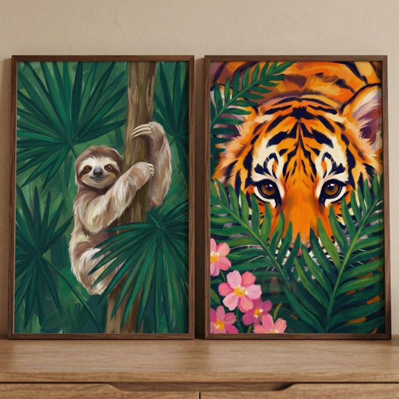 Vibrant Foliage Jungle Animal Wall Art Set of 2 Sloth Tiger Nursery Decor Tropical Rainforest Print Kids Safari Room Art Nature Posters Set 2