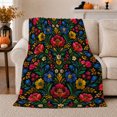 thumbnail image 1 of Vibrant Folk Art Floral Botanical Black Cheerful Decorative, Warm Flannel Blanket for Sunroom and Reading Nook, Festive autumn celebration Scene, Art Lovers autumn celebration Gift, 1 of 7