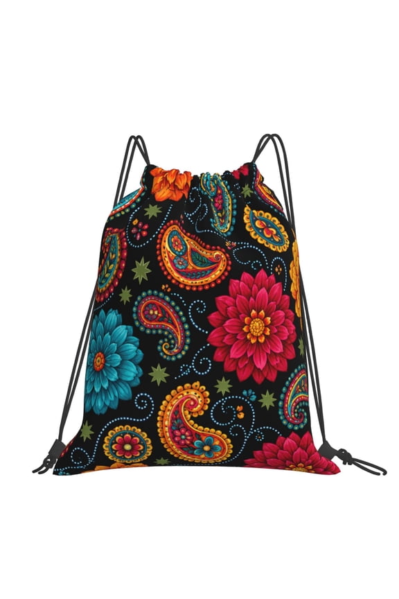 Vibrant Folk Art Floral Pattern Large Drawstring Backpack Casual Cinch Sack Bag Backpack for Sports Hiking Travel Gym