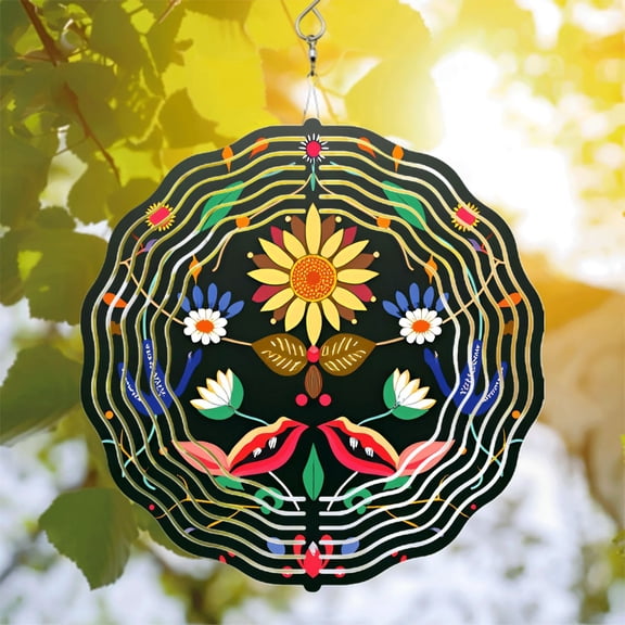 Vibrant Folk Art Metal Wind Spinners & Chimes - Sunflower & Colorful Floral Design for Yard & Garden Decor