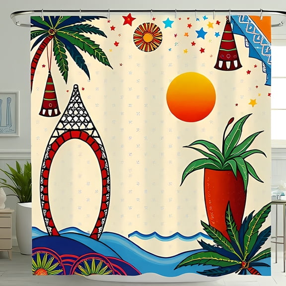 Vibrant Folk-Art Shower Curtain with Tropical Trees Colorful Stars & Exotic Patterns - Transform Your Bathroom