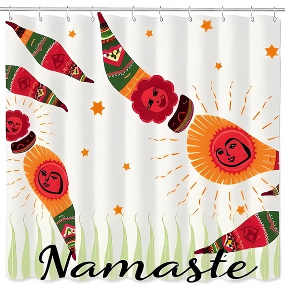 Vibrant Folk Art Shower Curtain with Whimsical Sun Faces Stars and 'Namaste' Inscription