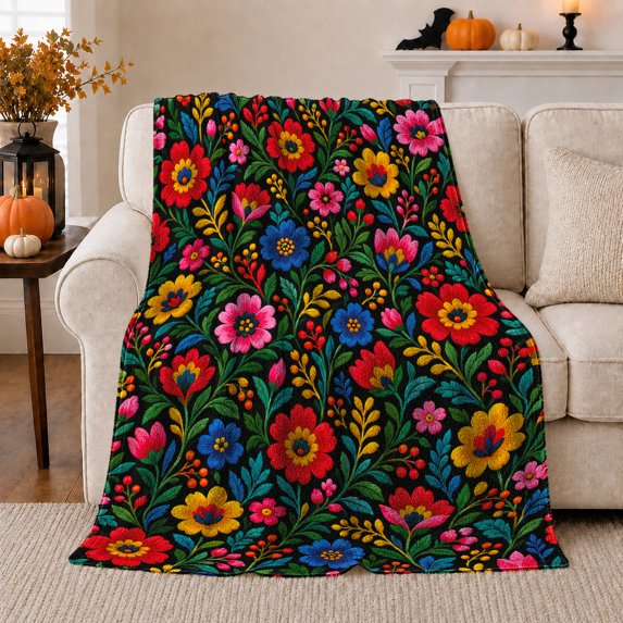Vibrant Folk Floral Botanical Otomi Embroidery Inspired, Festive Botanical Garden Scene, Warm Flannel Blanket for Sunroom and Reading Nook, Garden Lovers Thanksgiving Gift, Botanical Home Decor