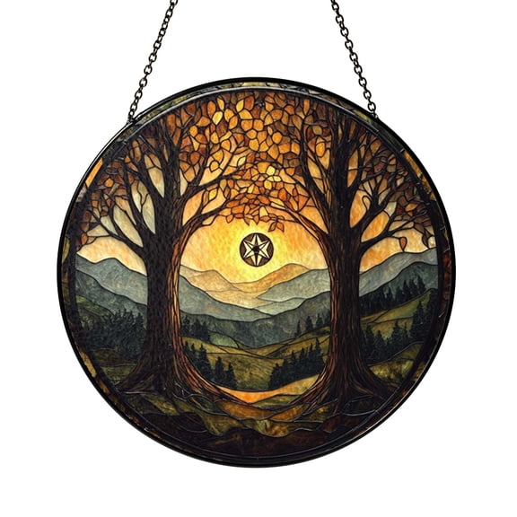Vibrant Forest Trees Stained Glass Window Hanging, Pentacle Home Decor, Unique Gift Idea for Witchcraft Lovers