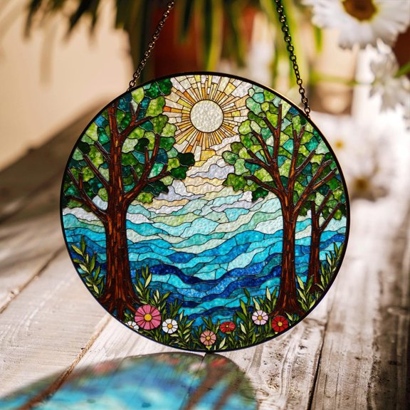 Vibrant Forest Trees and Sun Mountain Art Suncatcher, Nature Decor, 3.5 in