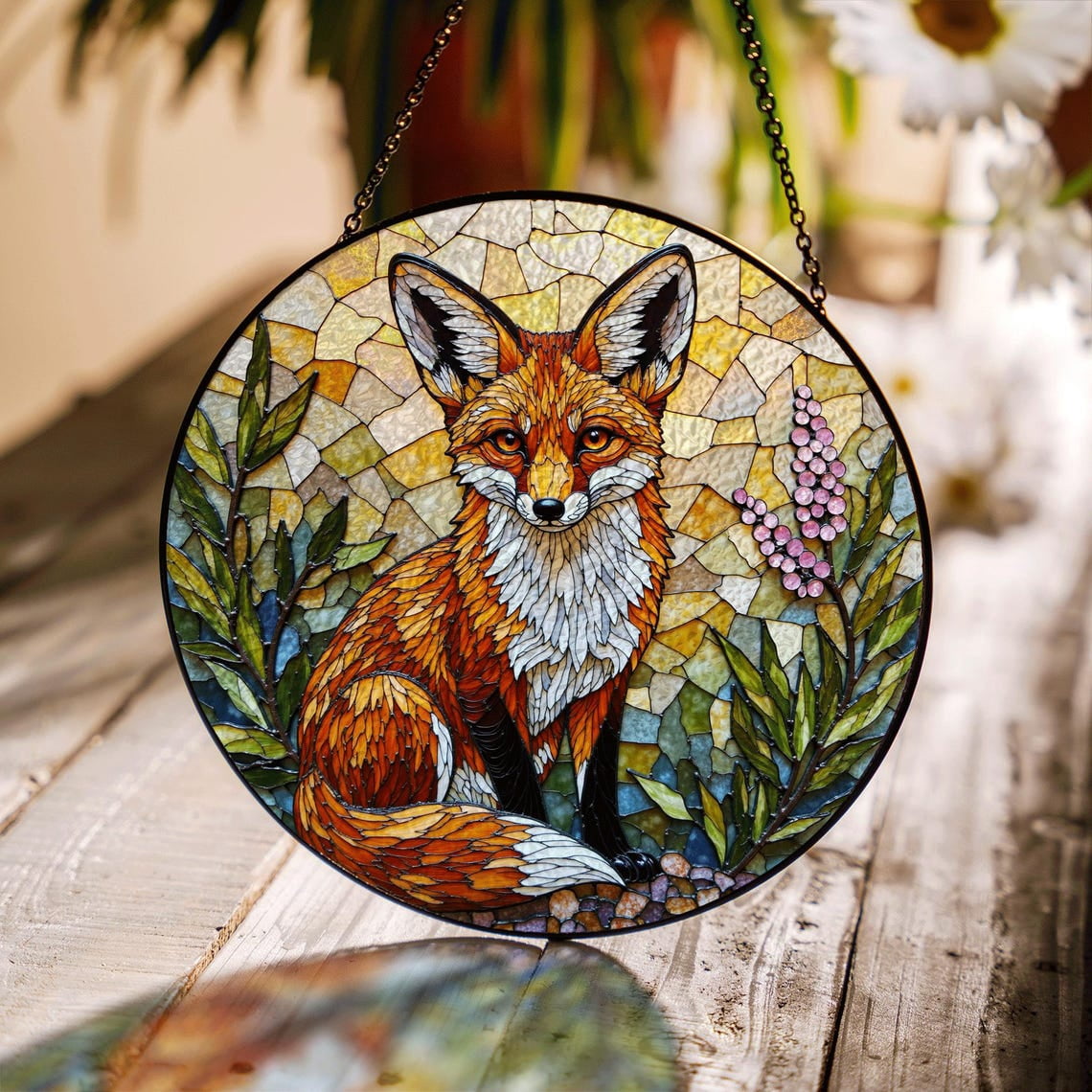 Fox Window Vibrant Fox in Forest Glass Suncatcher, Woodland Nature Window Art ...