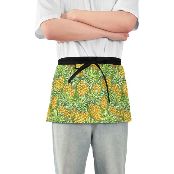 Vibrant Fresh Pineapple Server Apron with 3 Pockets Waterproof Waitress Waist Short Apron for Man Woman 12 Inches