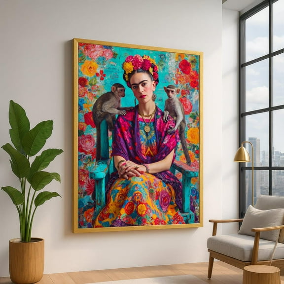 Vibrant Frida Kahlo Portrait Canvas, Colorful Floral Wall Art, Artistic Mexican Style Decoration, Ready To Hang Canvas Wall Art, Unframed Poster Size 8x12