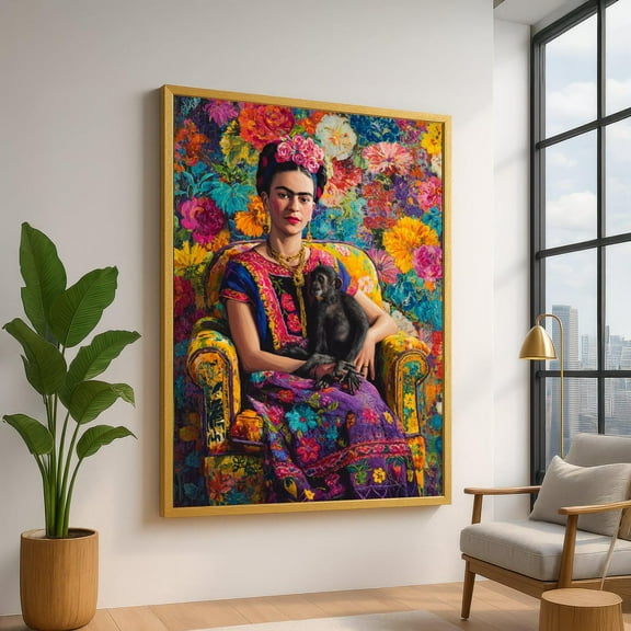 Vibrant Frida Kahlo Portrait Canvas, Floral Mexican Folk Art, Colorful Woman With Monkey, Bold Cultural Wall Art, Ready To Hang Canvas, Unframed Poster Size 8x12