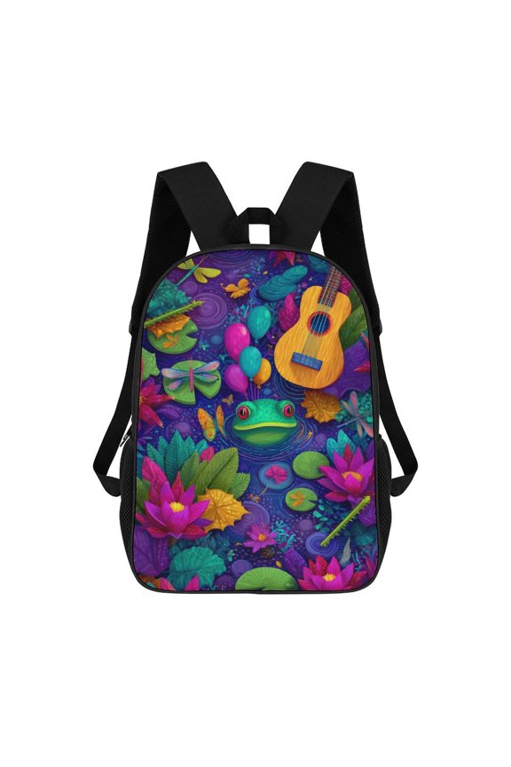 Vibrant Frog Ukulele Pond Scene Travel Backpack 17 Inch Laptop Bag Student Backpack