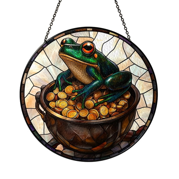 Vibrant Frog and Gold Cauldron Stained Glass Window Hanging, Witchy Decor, Nature-Themed Gift Idea for Frog Enthusiasts