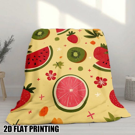 Vibrant Fruit Fiesta Flannel Throw Blanket - Soft Polyester with Kiwi, Strawberry, Watermelon & Grapefruit Print, Lightweight & Warm for Bed, Sofa, Travel, Camping - Machine Washable Cozy Gift