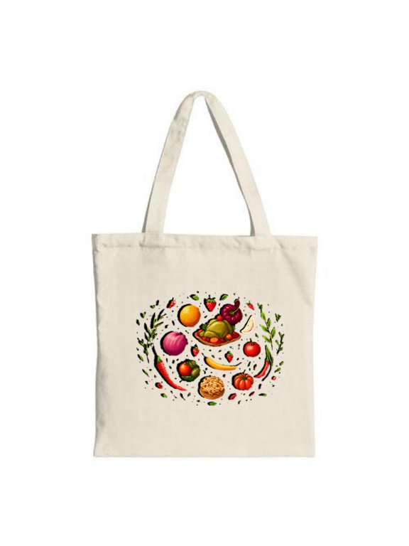 Vibrant Fruit & Vegetable Circular Pattern Tote Bag - Sturdy Canvas Perfect for Shopping Travel & Parties Reusable & Stylish
