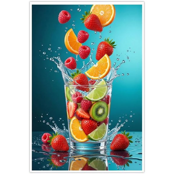 Vibrant Fruit Water Splash Canvas Wall Art Fresh Strawberry Raspberry Orange Kiwi Lime Posters Modern Kitchen Decor Healthy Food Pictures for Dining Room Home