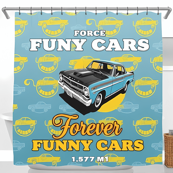 Vibrant Funny Cars Shower Curtain - Classic Muscle Car Design with Bold Yellow Text - Perfect for Car Enthusiasts