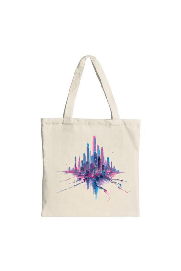 Vibrant Futuristic City Skyline Tote Bag - Colorful Canvas Bag with Abstract Water Reflection Perfect for Shopping Travel & Parties