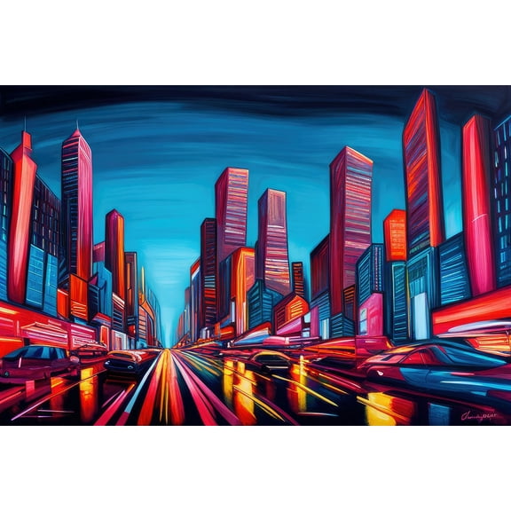 Vibrant Futuristic Cityscape Acrylic Painting I - 12" x 18" Art Print Wall Decor