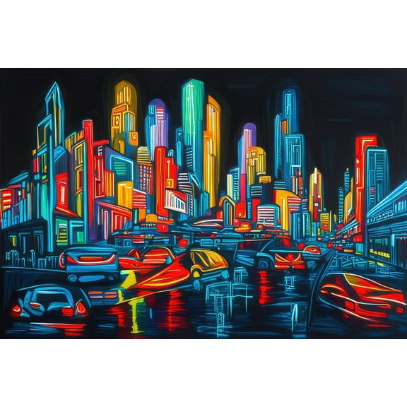 Vibrant Futuristic Cityscape Acrylic Painting II - 12" x 18" Art Print Wall Decor