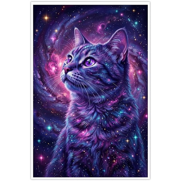 Vibrant Galaxy Cat Canvas Wall Art Purple Blue Space Kitten Picture Starry Nebula Animal Print Artwork for Living Room Bedroom Bathroom Home Office Decor