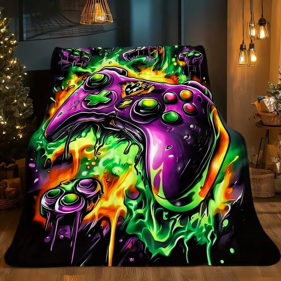 Vibrant Gamer Blanket with Huge Purple Controller Graphic, Dripping Green & Orange Energy Effects, Cozy Warm Living Room De