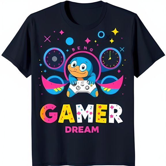 Vibrant Gamer Dream Black T-Shirt with Colorful Character & Controller Graphic