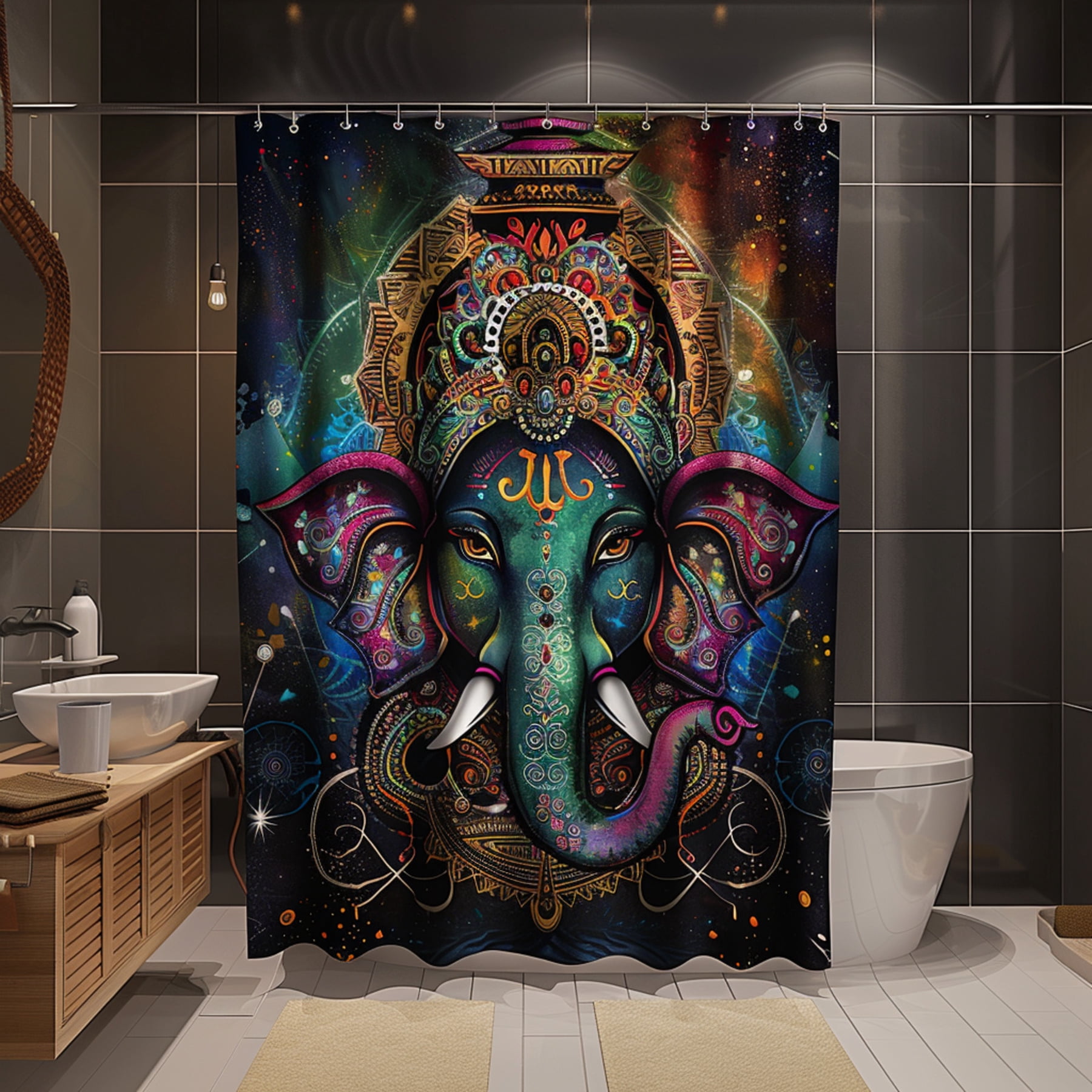 Vibrant Ganesha Face Design Shower Curtain with Sacred Geometry ...