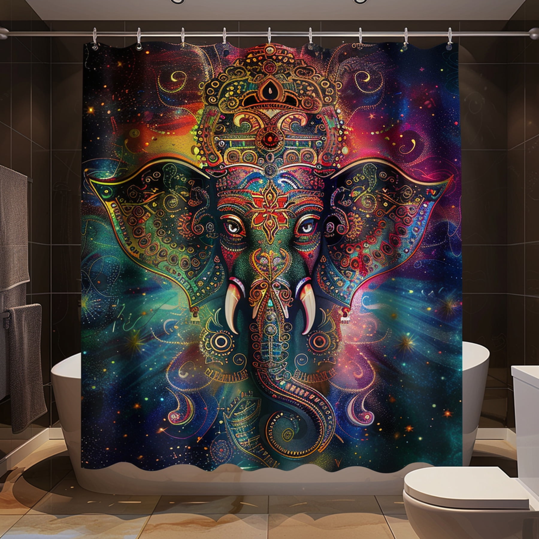 Vibrant Ganesha face design surrounded by swirling galaxies creates a ...