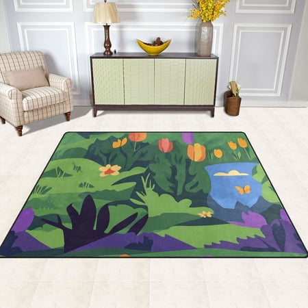 Vibrant Garden Scene 63''x48'' Plush Memory Foam Bath Mat, Soft, Absorbent, Non Slip, Durable