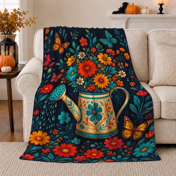 Vibrant Garden Watering Can Butterfly Digital Print, Rustic Botanical Portrait, Warm Flannel Blanket for Sunroom and Reading Nook, Garden Lovers decorative theme Gift, Rustic Home Decor