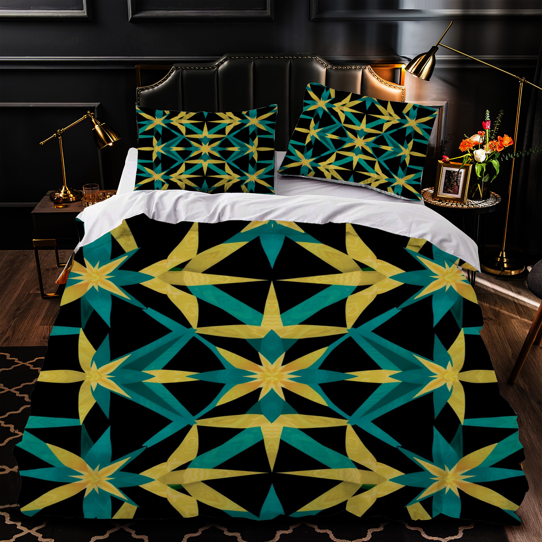 Image showcasing Vibrant Geometric 3-Piece Duvet Cover Set in Teal Yellow & Black ...