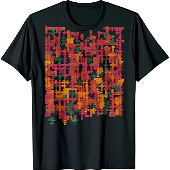 Vibrant Geometric Pattern Black T-Shirt Pixelated Chest Graphic Soft Blend