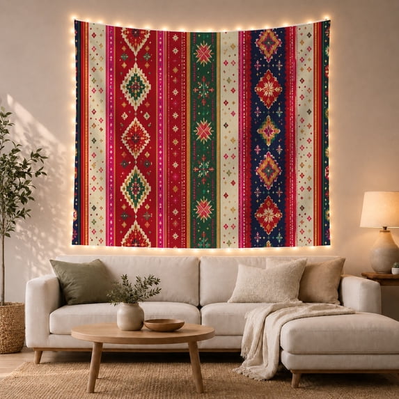 Colorful Folk Geometric Tapestry with Stripes and Medallion Patterns