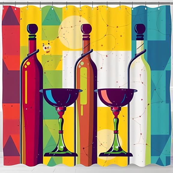 Vibrant Geometric Pattern Shower Curtain - Colorful Red Green Yellow & Blue Design with Glossy Bottles & Elegant Glasses - Modern Artistic Home Decor