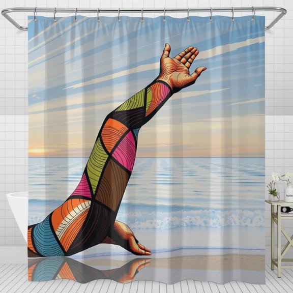 Vibrant Geometric Pattern Shower Curtain - Inviting Ocean Sunset Design