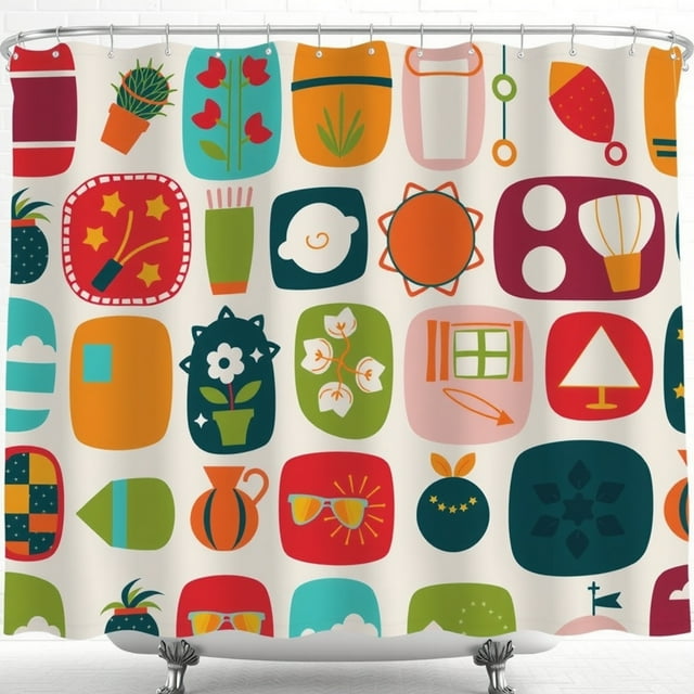Vibrant Geometric Pattern Shower Curtain - Mid- Modern Design Cheerful Colors