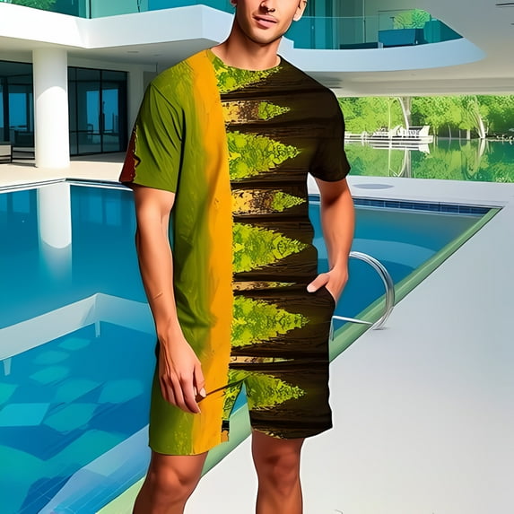 Vibrant Geometric Pattern T-Shirt and Shorts Set - Bold Colors for Summer Style - Relaxed Fit