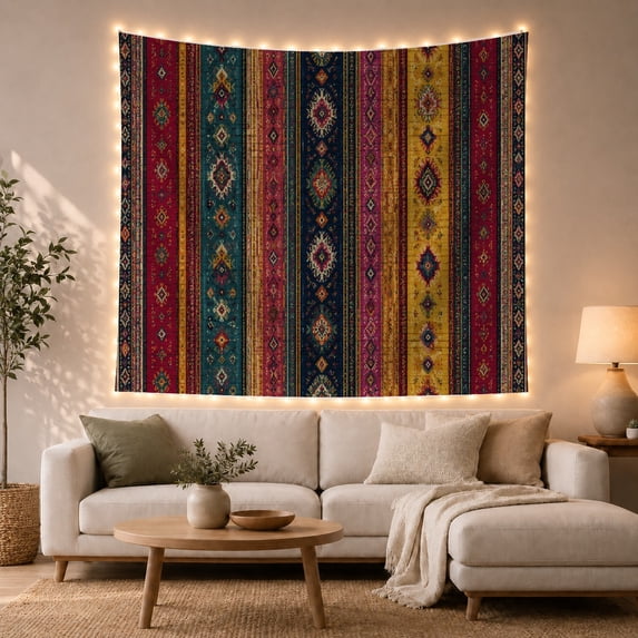 Vibrant Geometric Stripes on Aged Paper Texture, Energetic Boho for Global Inspired Decor Enthusiasts, Intricate Medallion Art, Housewarming Gift Tapestry Wall Hanging for Living Room and Bedroom
