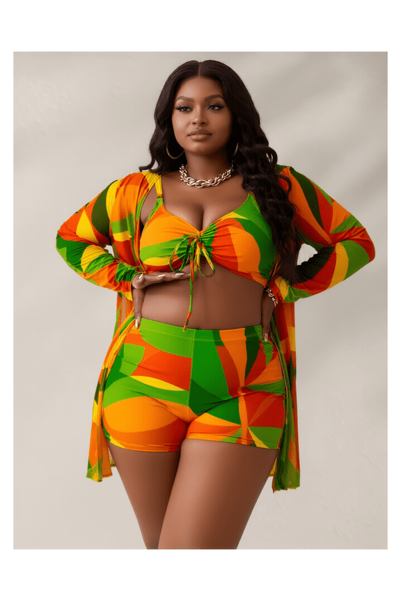 Vibrant Geometric Swimwear Set: Drawstring Bikini Top, Shorts & Sheer Long-Sleeve Duster Cover-Up - Bathing Suit