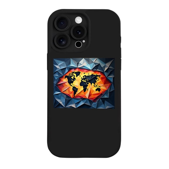 Vibrant Geometric World Map iPhone 15 Pro Case - Lightweight Yellowing Resistant Textured Blue & Gray Background 3 Camera Lenses