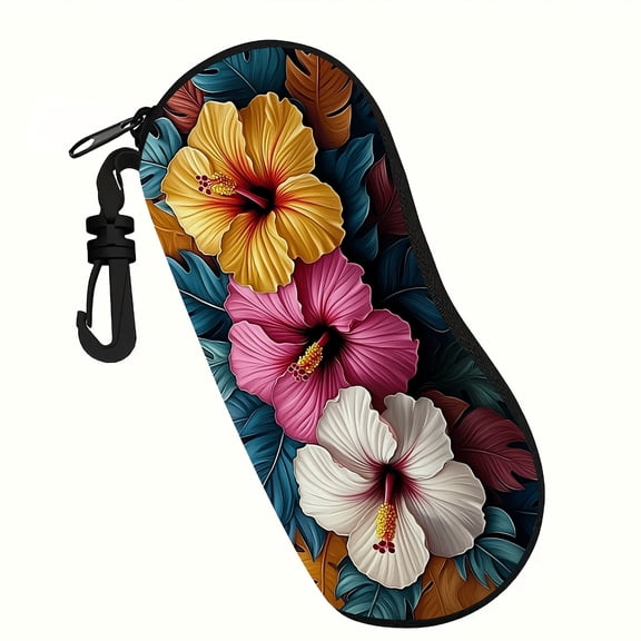 [Vibrant Glasses Case] Durable Neoprene 1pc Vibrant Hibiscus Flower Glasses Case | Soft Zippered Pouch with Keychain, Anti-Fall Eyewear Protector for Reading Glasses & Glasses, Machine Washable