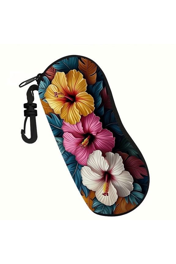 [Vibrant Glasses Case] Durable Neoprene 1pc Vibrant Hibiscus Flower Glasses Case | Soft Zippered Pouch with Keychain, Anti-Fall Eyewear Protector for Reading Glasses & Glasses, Machine Washable